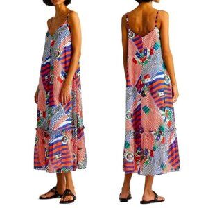 Ralph Lauren LRL Georgette Midi Dress Multi Nautical Patchwork Spaghetti Straps